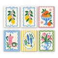 Kitchen Charm mini paint by numbers set: six designs of lemons, oranges, a moka pot, sardines and tulips in scalloped frames