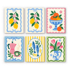 Kitchen Charm mini paint by numbers set: six designs of lemons, oranges, a moka pot, sardines and tulips in scalloped frames