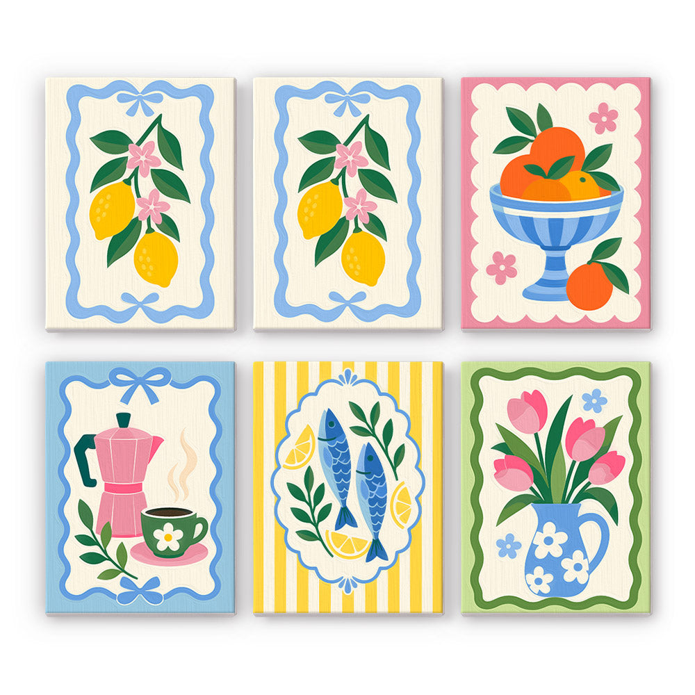 Kitchen Charm mini paint by numbers set: six designs of lemons, oranges, a moka pot, sardines and tulips in scalloped frames