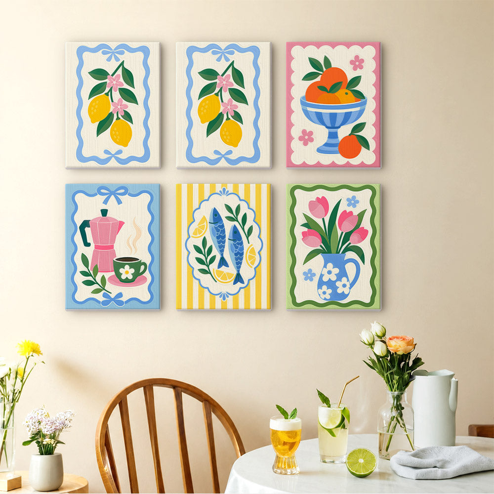 Kitchen Charm mini paintings displayed as a gallery wall in a sunny kitchen