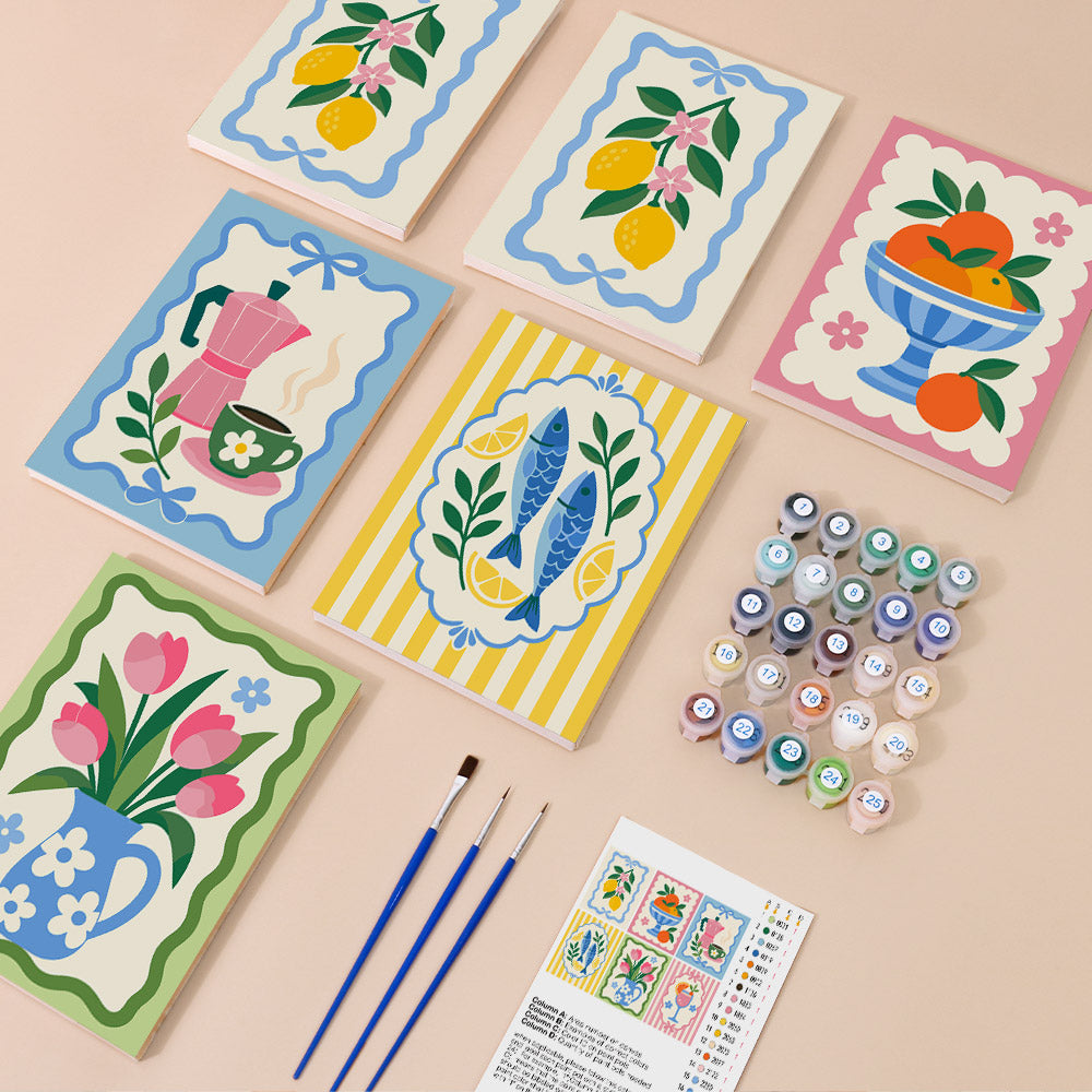 Kitchen Charm mini paint by numbers kit with six numbered canvases, acrylic paints, brushes and layout