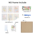 What's included without a frame: six rolled Kitchen Charm mini canvases, acrylic paints, three brushes and layout