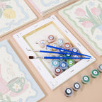 Numbered paint pots and brushes on a pre-stretched Kitchen Charm mini canvas