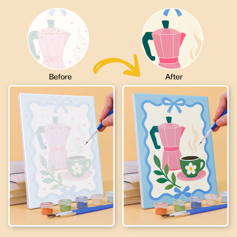 Before and after of a Kitchen Charm mini paint by numbers canvas