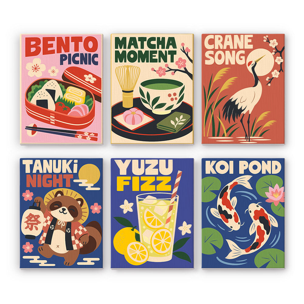 Kyoto Posters mini paint by numbers set: six Japanese posters of a bento box, matcha, a crane, a tanuki, yuzu soda and koi