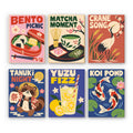 Kyoto Posters mini paint by numbers set: six Japanese posters of a bento box, matcha, a crane, a tanuki, yuzu soda and koi