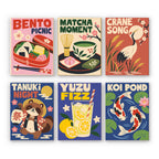 Kyoto Posters mini paint by numbers set: six Japanese posters of a bento box, matcha, a crane, a tanuki, yuzu soda and koi