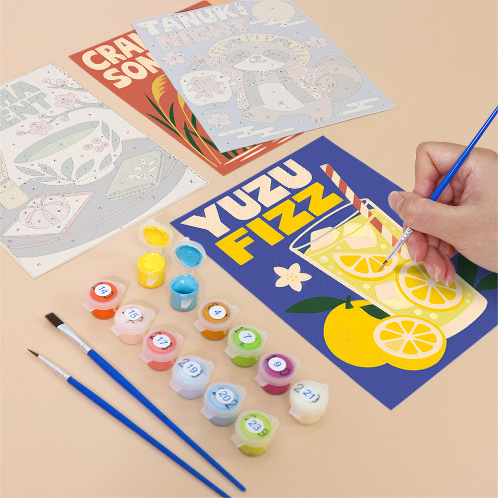 Filling in a Kyoto Posters mini canvas with numbered acrylic paints and a fine brush