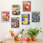 Six finished Kyoto Posters mini paintings hung on a wall above a table