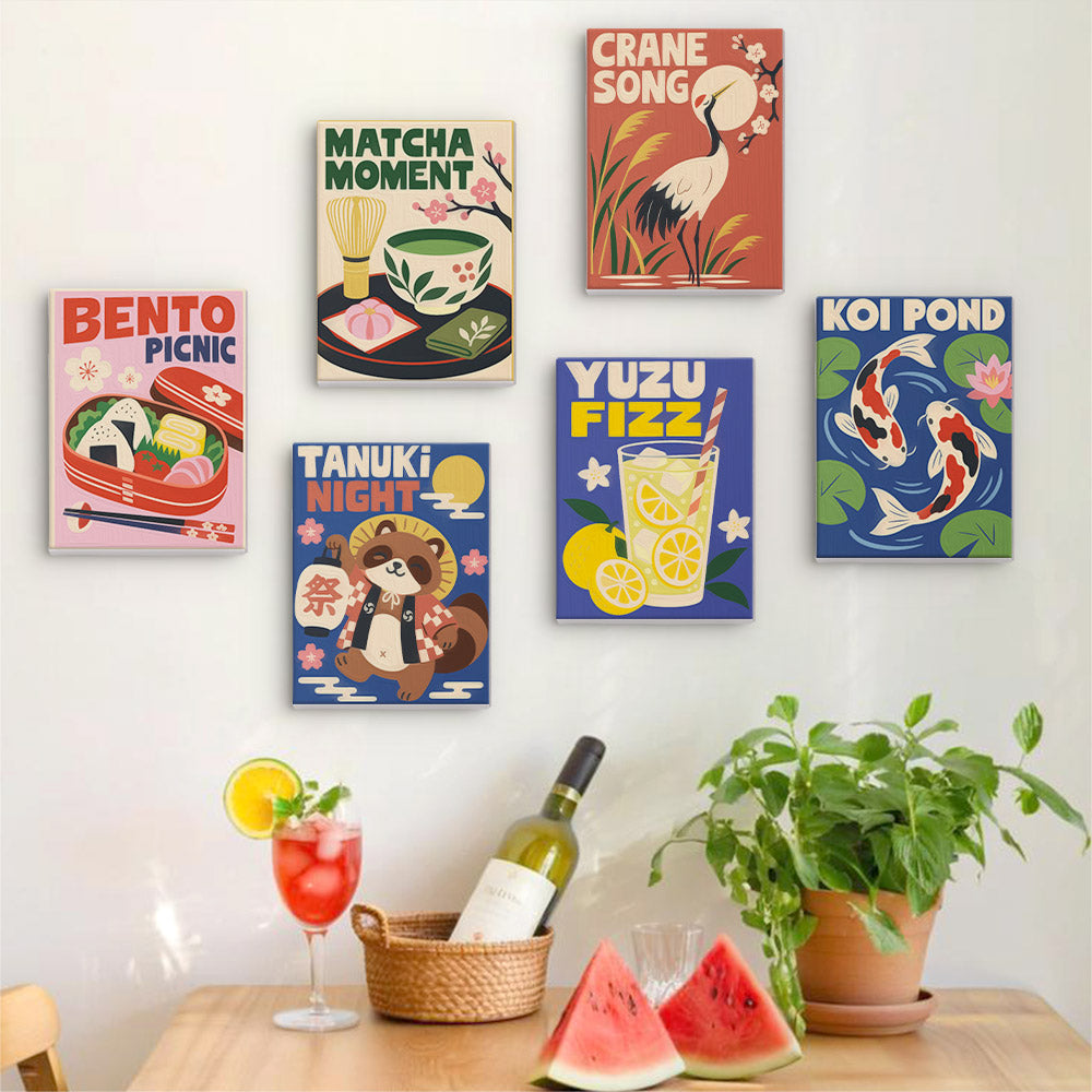 Six finished Kyoto Posters mini paintings hung on a wall above a table