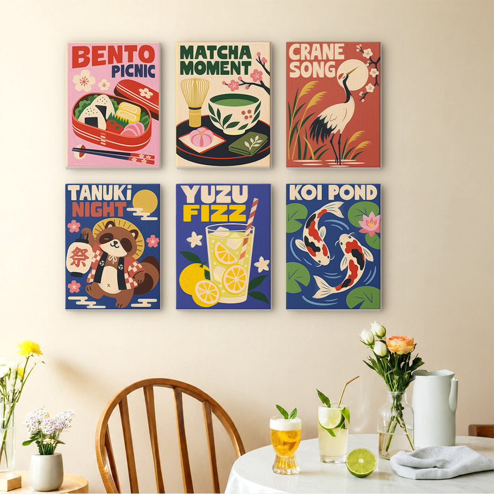 Kyoto Posters mini paintings displayed as a gallery wall in a sunny kitchen