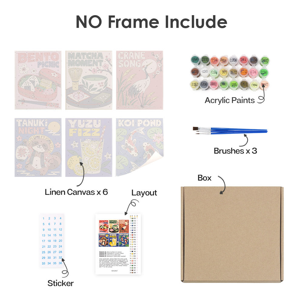 What's included without a frame: six rolled Kyoto Posters mini canvases, acrylic paints, three brushes and layout