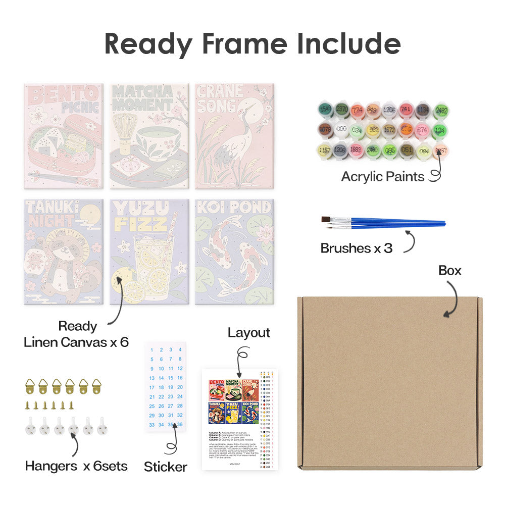 What's included pre-stretched on frame: six framed Kyoto Posters mini canvases, paints, three brushes, hangers and layout