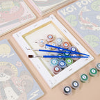 Numbered paint pots and brushes on a pre-stretched Kyoto Posters mini canvas