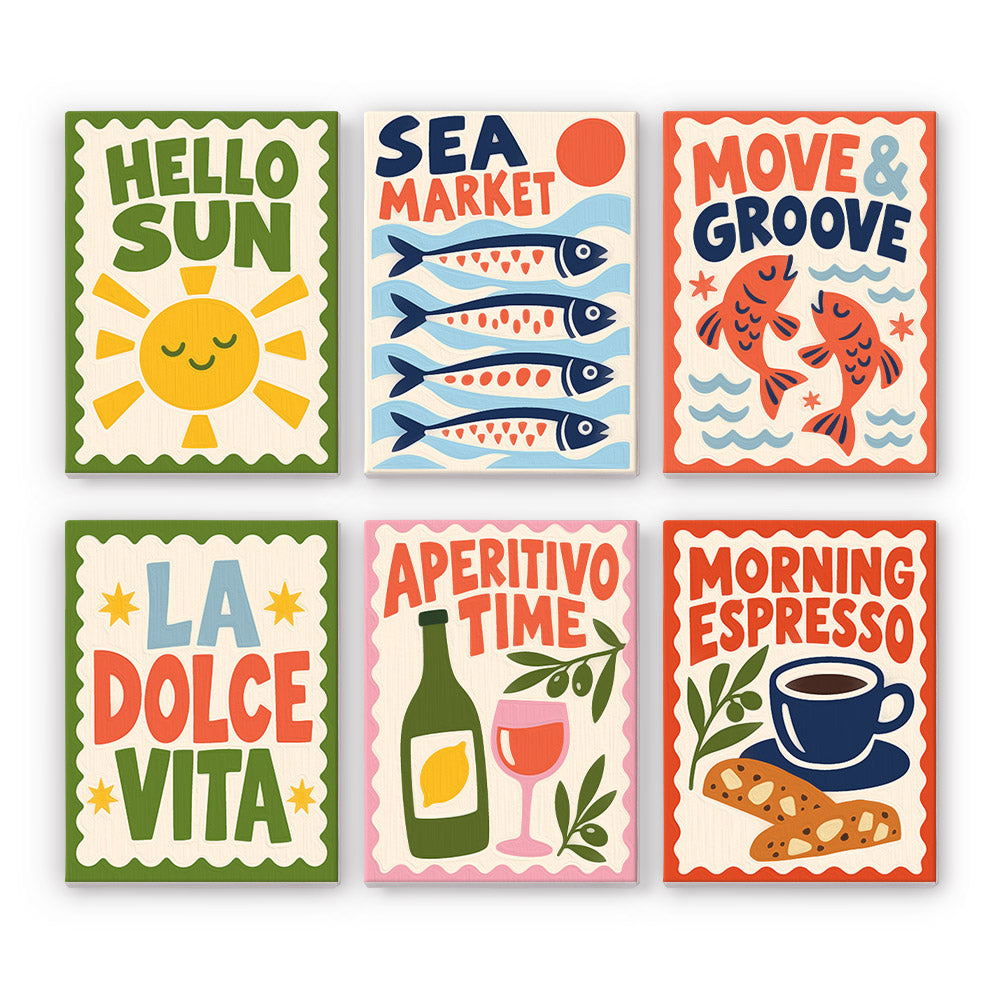 La Dolce Vita mini paint by numbers set: six retro typography posters with sun, sardines, fish, wine and espresso