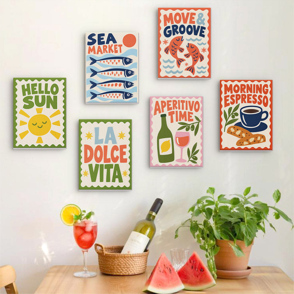 Six finished La Dolce Vita mini paintings hung on a wall above a table