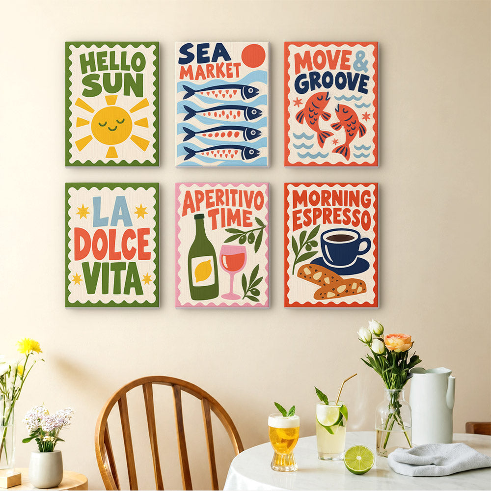 La Dolce Vita mini paintings displayed as a gallery wall in a sunny kitchen