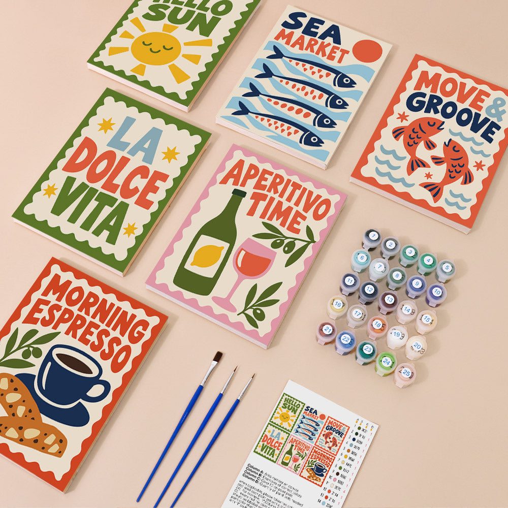 La Dolce Vita mini paint by numbers kit with six numbered canvases, acrylic paints, brushes and layout