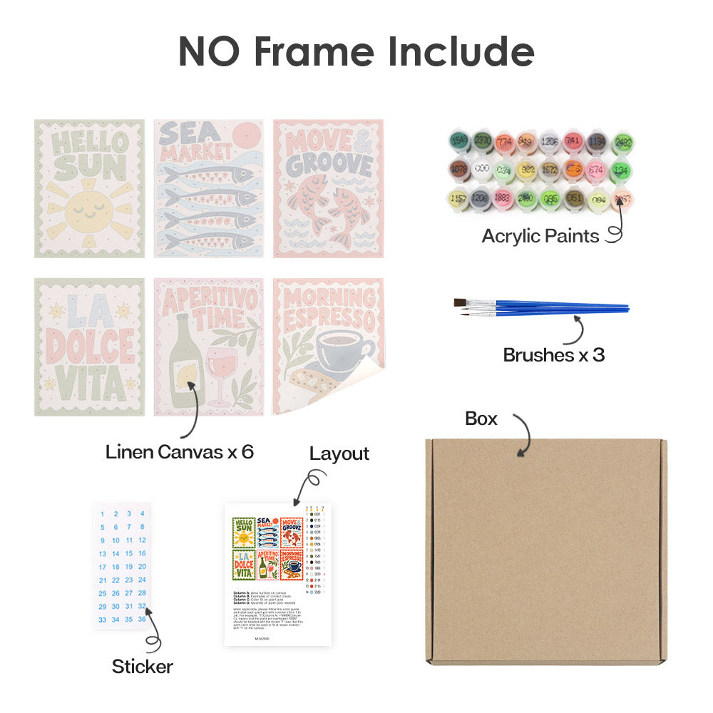 What's included without a frame: six rolled La Dolce Vita mini canvases, acrylic paints, three brushes and layout