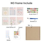 What's included without a frame: six rolled La Dolce Vita mini canvases, acrylic paints, three brushes and layout