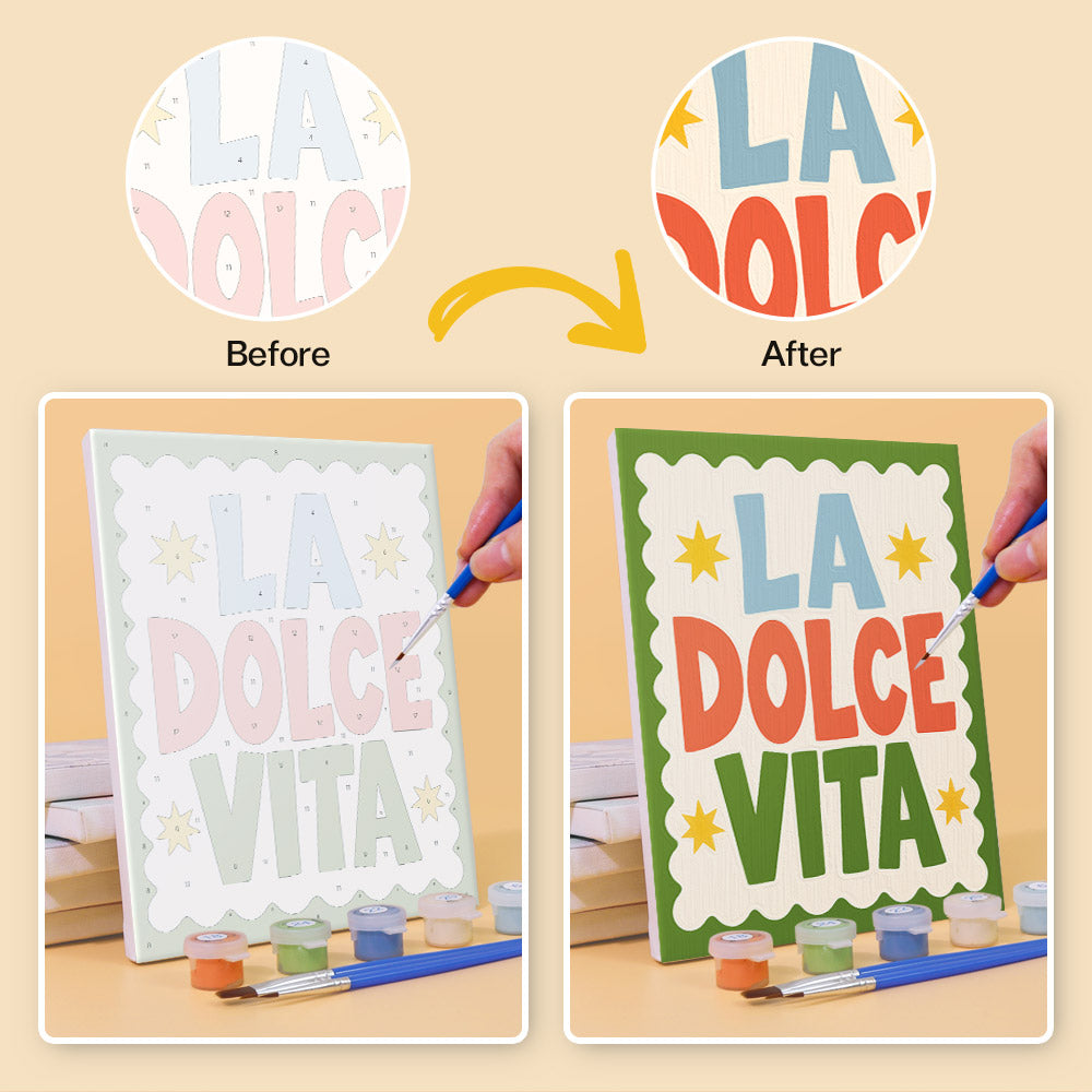 Before and after of a La Dolce Vita mini paint by numbers canvas