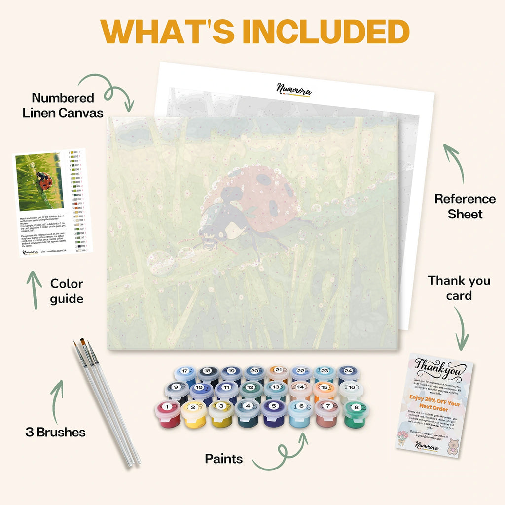 What's included in the Ladybug’s Morning Walk paint by numbers kit: numbered linen canvas, reference sheet, color guide, 24 acrylic paints, 3 brushes and thank you card