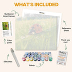 What's included in the Ladybug’s Morning Walk paint by numbers kit: numbered linen canvas, reference sheet, color guide, 24 acrylic paints, 3 brushes and thank you card