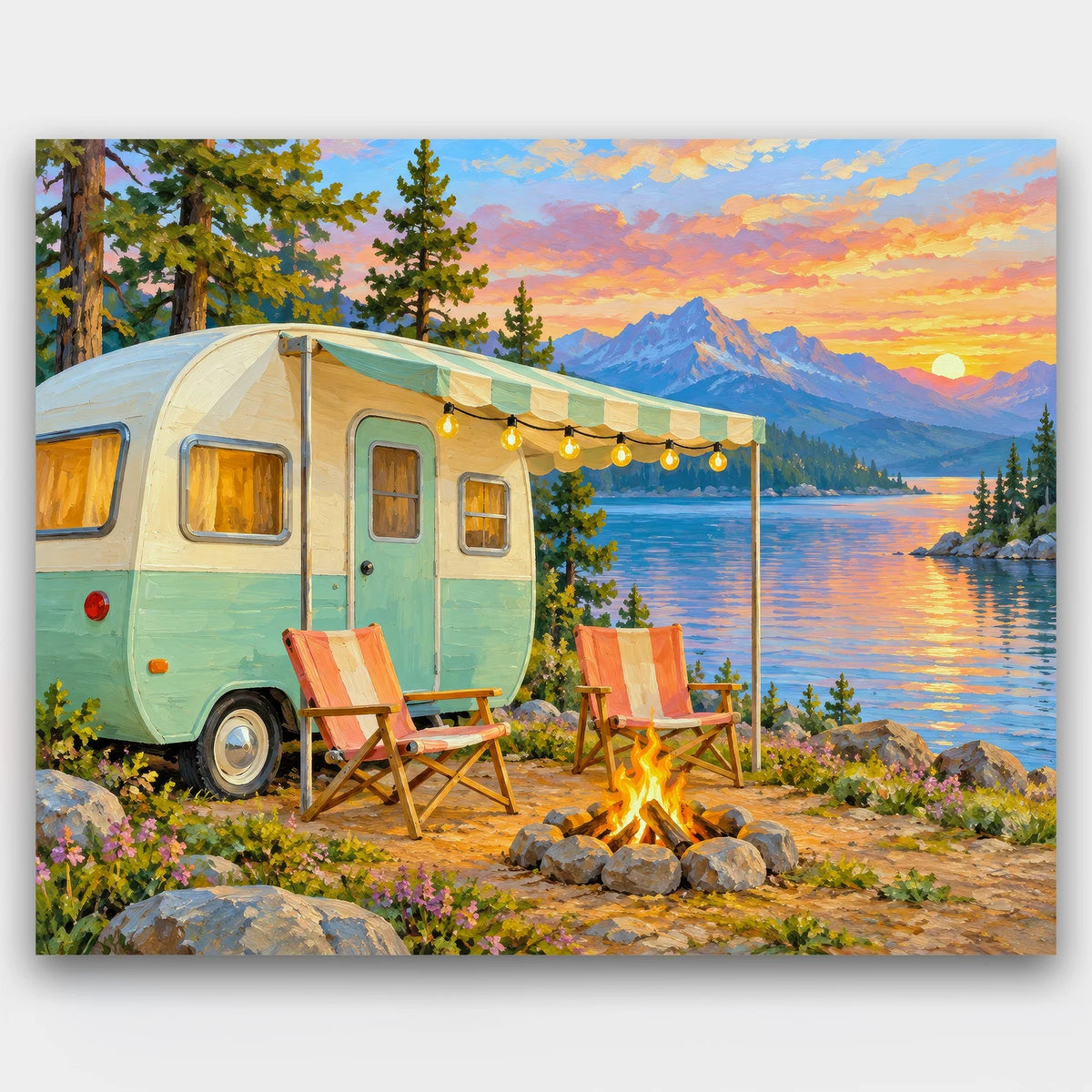 Lakeside Camper Evening paint by numbers kit of a mint vintage camper with string lights, camp chairs and a campfire by a mountain lake at sunset