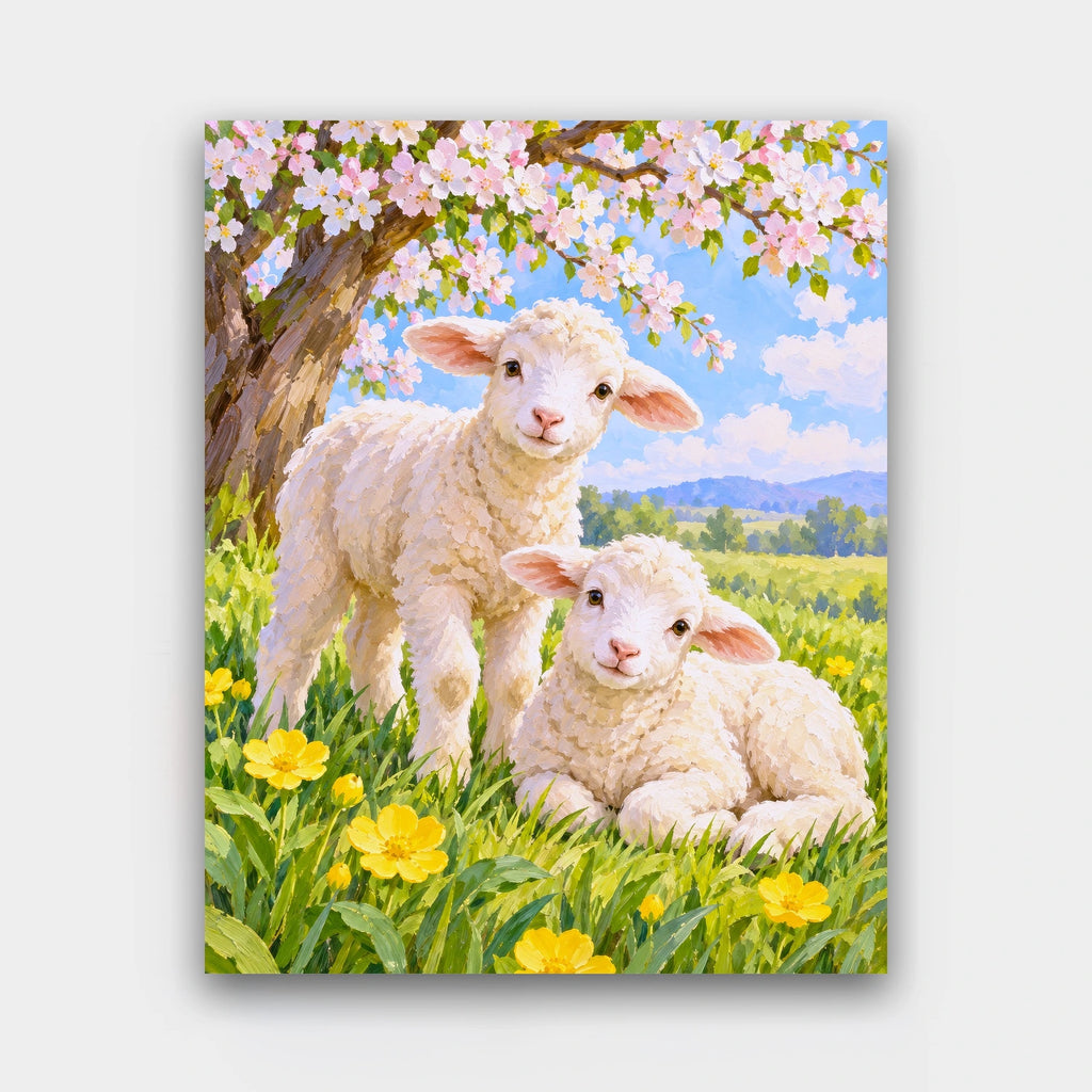 Lambs Under the Blossom paint by numbers kit of two white lambs in a meadow of buttercups beneath a blossoming tree