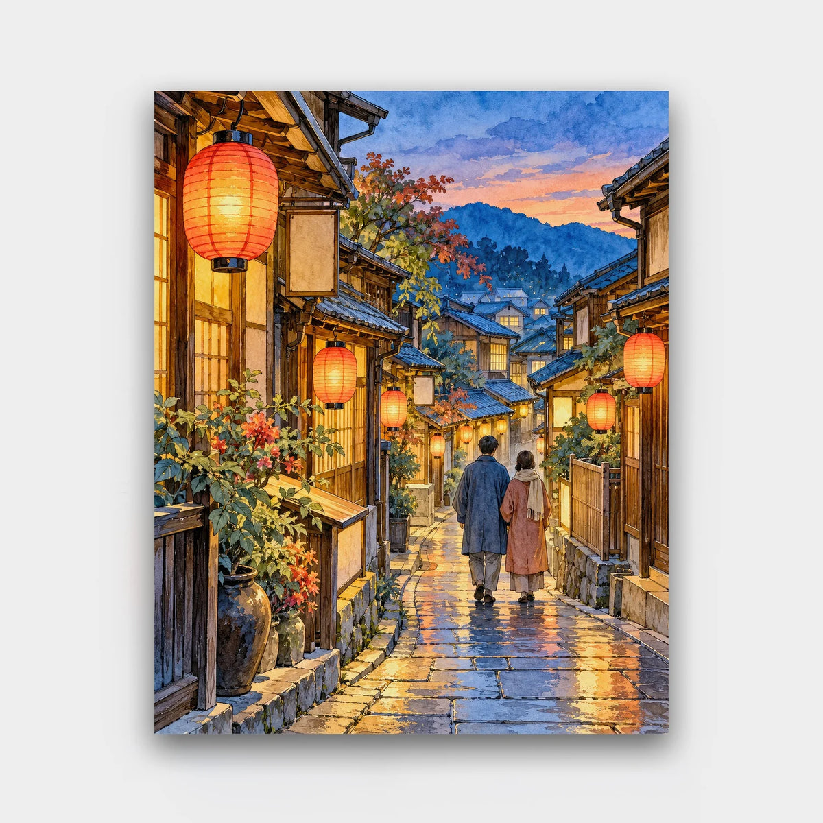 Lantern Lane at Dusk paint by numbers kit of an old Japanese wooden street at dusk with glowing paper lanterns and a couple walking