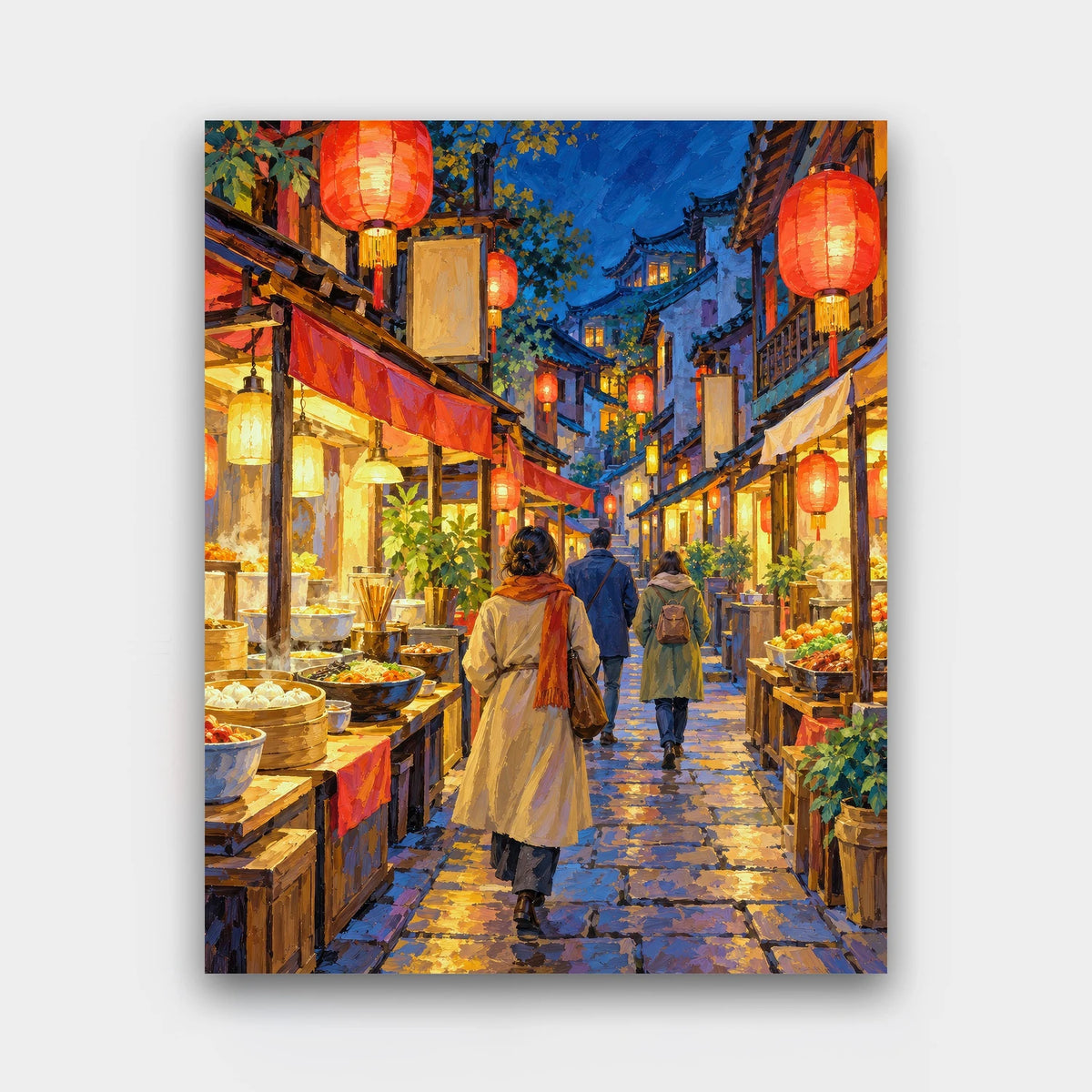 Lantern Night Market paint by numbers kit of a narrow night market street lined with red paper lanterns and glowing food stalls