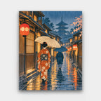 Lanterns in the Rain paint by numbers kit of a woman in a kimono with a paper umbrella walking a rainy lantern-lit lane toward a pagoda