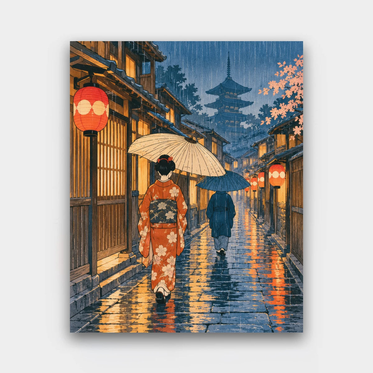 Lanterns in the Rain paint by numbers kit of a woman in a kimono with a paper umbrella walking a rainy lantern-lit lane toward a pagoda