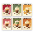 Latte Menu mini paint by numbers set: six designs of berry mocha, pistachio, honey, rose, matcha and caramel lattes