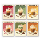Latte Menu mini paint by numbers set: six designs of berry mocha, pistachio, honey, rose, matcha and caramel lattes