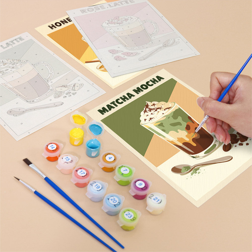 Filling in a Latte Menu mini canvas with numbered acrylic paints and a fine brush