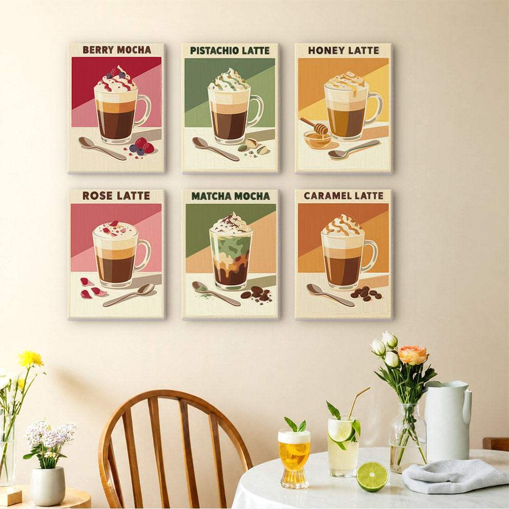 Latte Menu mini paintings displayed as a gallery wall in a sunny kitchen