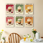 Latte Menu mini paintings displayed as a gallery wall in a sunny kitchen
