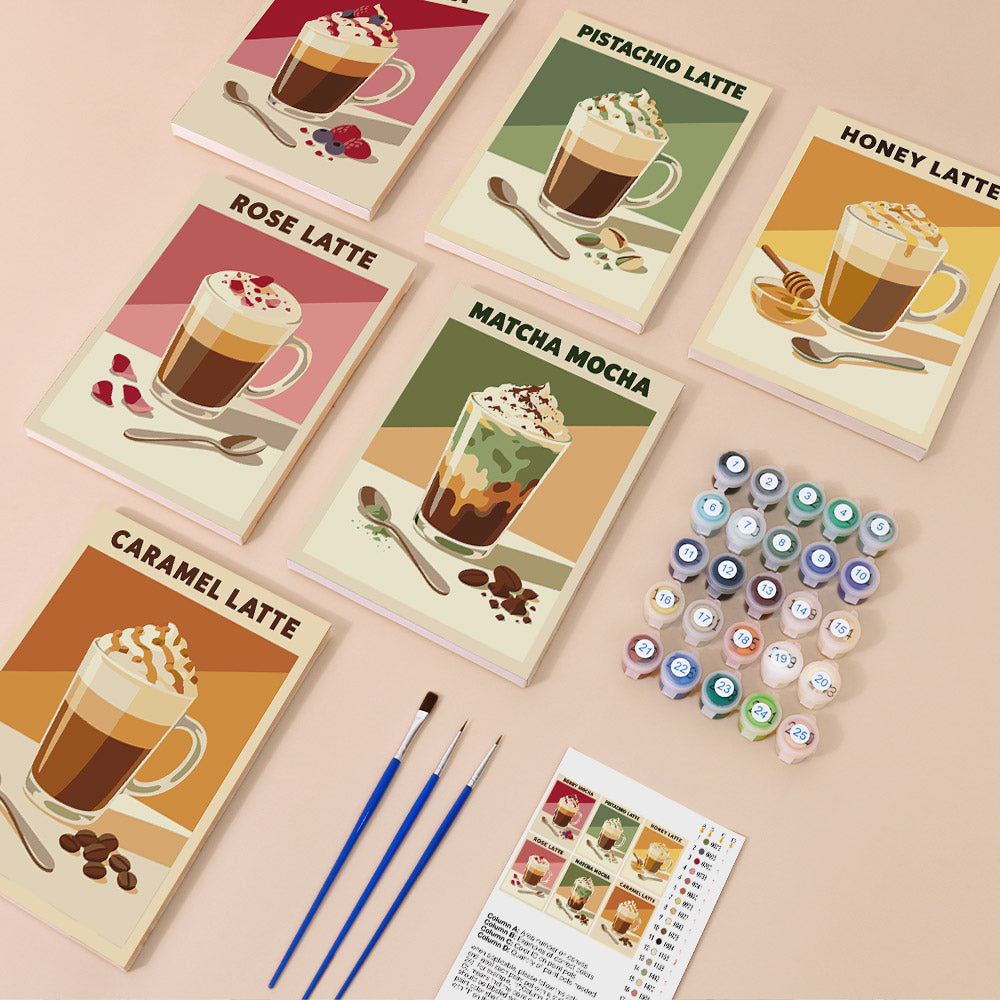 Latte Menu mini paint by numbers kit with six numbered canvases, acrylic paints, brushes and layout