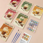 Latte Menu mini paint by numbers kit with six numbered canvases, acrylic paints, brushes and layout