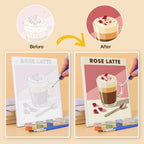 Before and after of a Latte Menu mini paint by numbers canvas