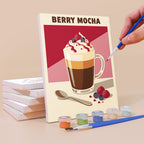Painting a Latte Menu mini canvas propped up beside numbered acrylic paints