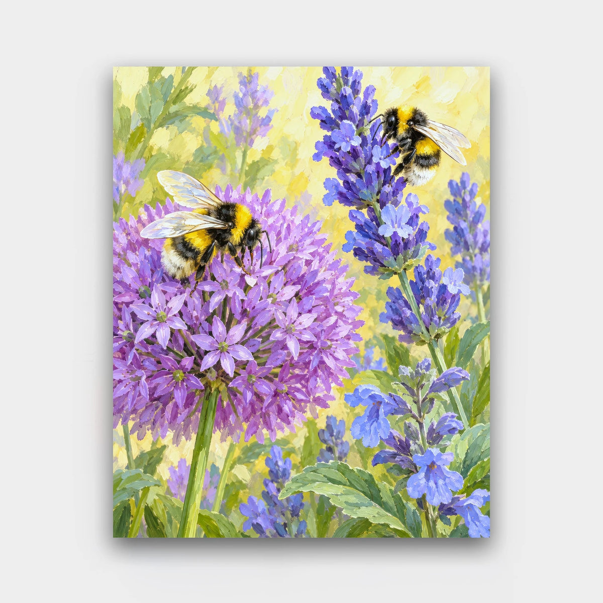 Lavender and Bees paint by numbers kit of two bumblebees visiting a purple allium and lavender spikes