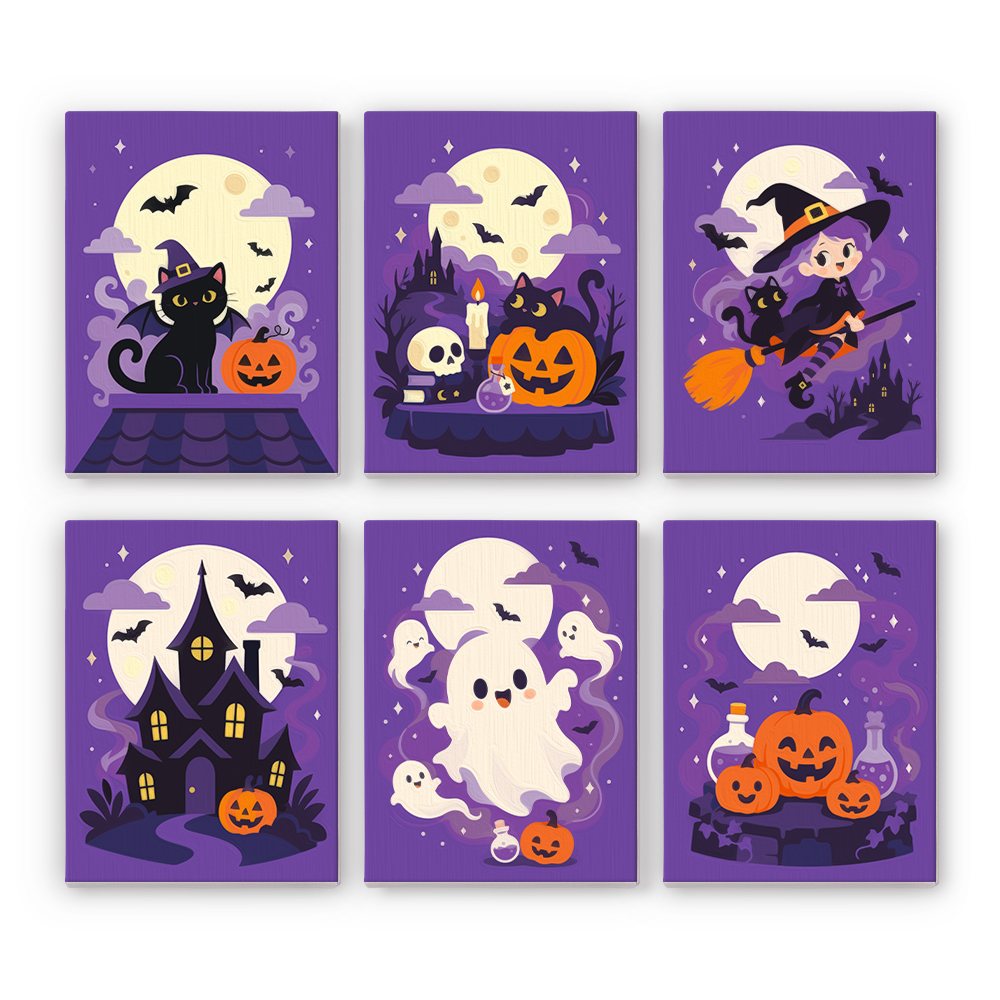 Lavender Hauntings mini paint by numbers set: six purple Halloween scenes with a black cat, skull, little witch, haunted house, ghosts and potion pumpkins