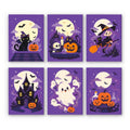 Lavender Hauntings mini paint by numbers set: six purple Halloween scenes with a black cat, skull, little witch, haunted house, ghosts and potion pumpkins