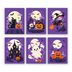 Lavender Hauntings mini paint by numbers set: six purple Halloween scenes with a black cat, skull, little witch, haunted house, ghosts and potion pumpkins