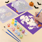 Filling in a Lavender Hauntings mini canvas with numbered acrylic paints and a fine brush