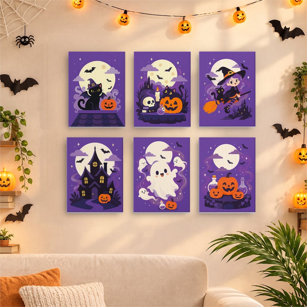 Six finished Lavender Hauntings mini paintings hung on a wall above a table