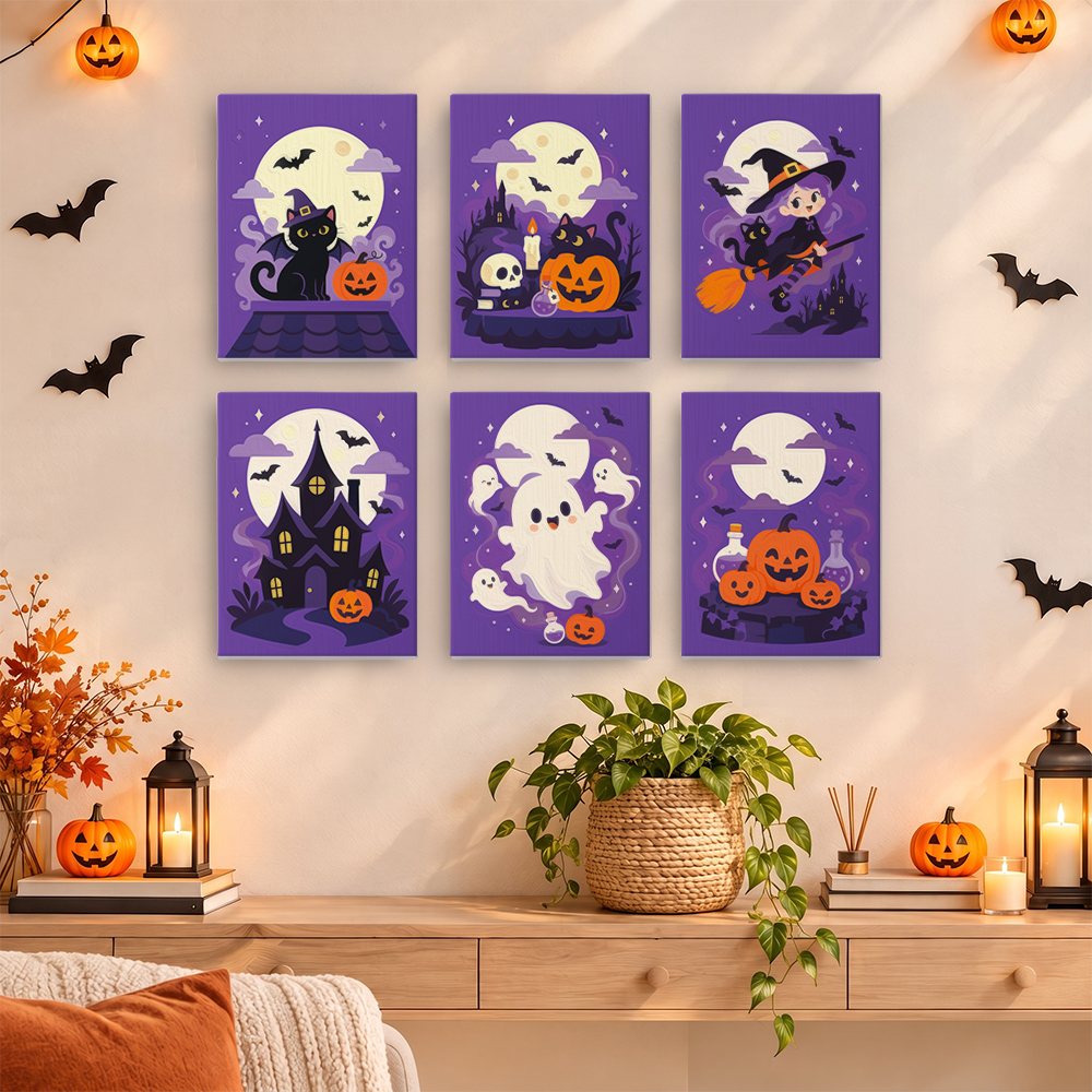 Lavender Hauntings mini paintings displayed as a gallery wall in a sunny kitchen