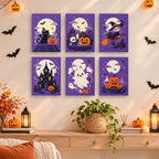 Lavender Hauntings mini paintings displayed as a gallery wall in a sunny kitchen